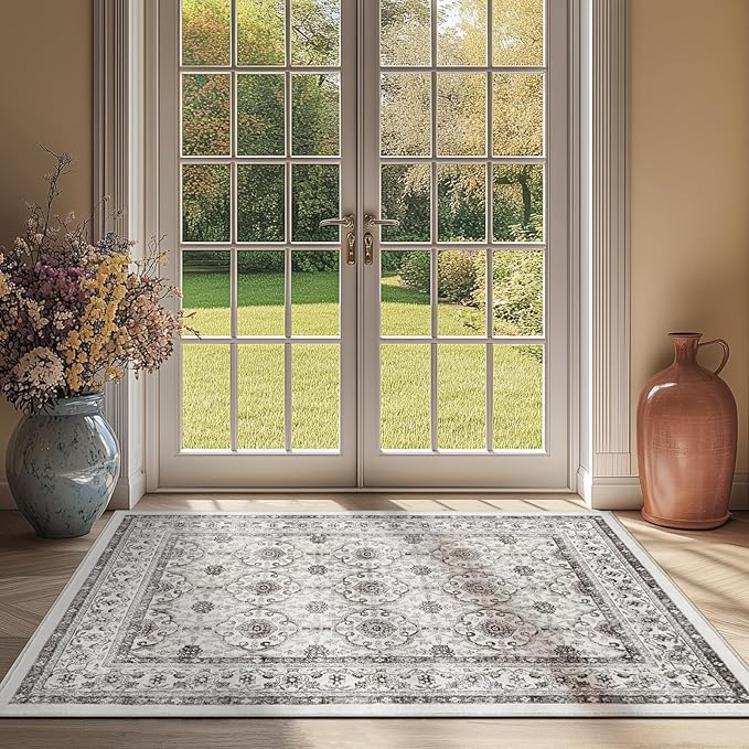 jinchan Floral 3x5 Area Rugs for Entryway - Beige Vintage Distressed Design Doormat Non-Slip Ultra-Thin Low Pile Boho Rug for Kitchen Living Room Bedroom Farmhouse (3‘x5',Beige)-CubbioJoy