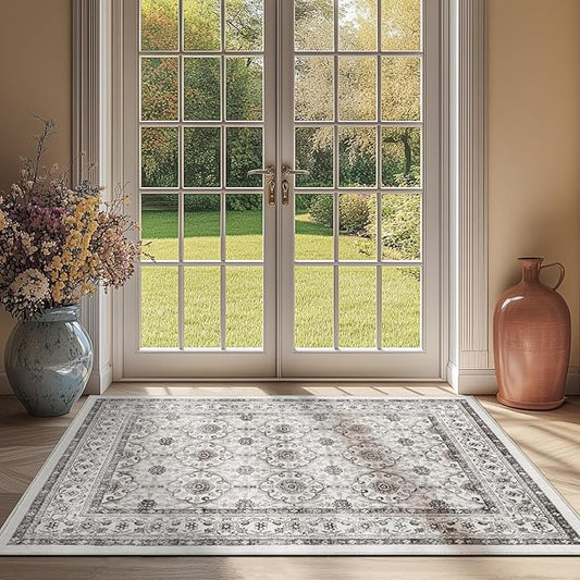 jinchan Floral 3x5 Area Rugs for Entryway - Beige Vintage Distressed Design Doormat Non-Slip Ultra-Thin Low Pile Boho Rug for Kitchen Living Room Bedroom Farmhouse (3‘x5',Beige)-CubbioJoy