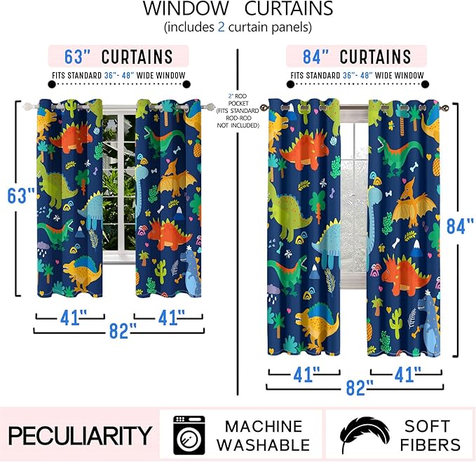 Dinosaur Blackout Curtains 2 Panels 63" Inch Drapes Boys Curtains for Bedroom Cute Dinosaur Themed Grommet Top Thermal Insulated Boys Room Curtains for Nursery, Navy Blue, 82" x 63"-CubbioJoy