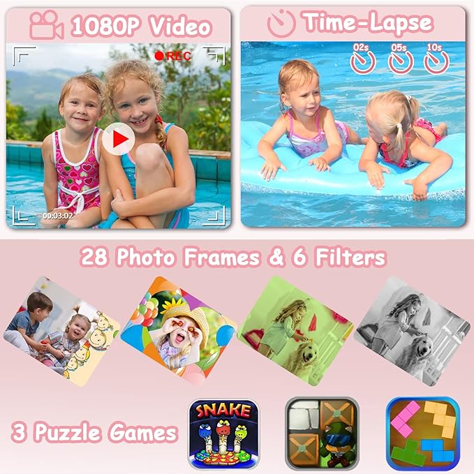 Agoigo Kids Waterproof Camera - Children Underwater HD Video Digital Camcorder, Portable Travel Toy for Toddler - Ideal Christmas Birthday Gifts for Boys Girls Age 3-12 with 32GB Card (Pink)-CubbioJoy