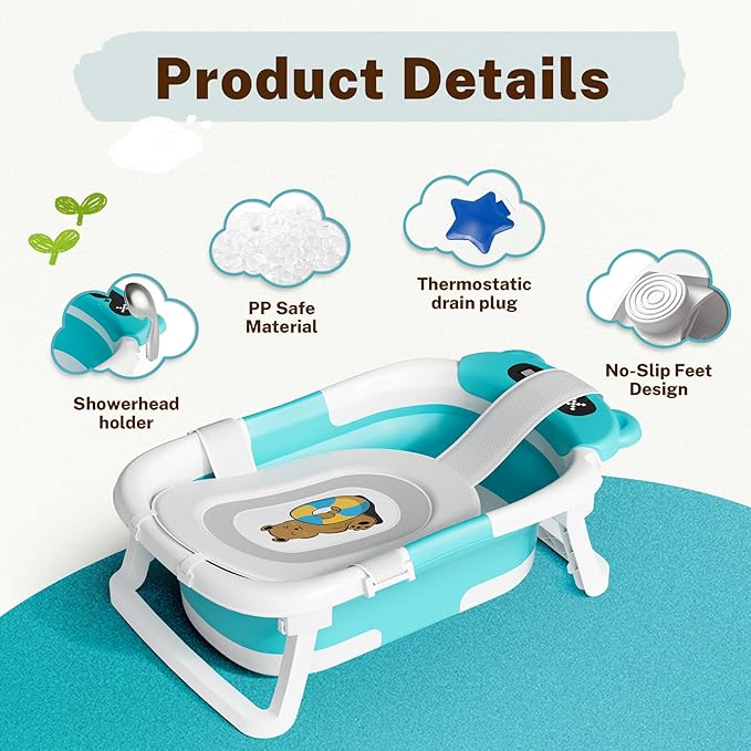 AVIDOR Baby Bathtub,Collapsible Bathtub for Newborn to Toddler,Durable Essential Infant Bath Tub,Portable Travel Baby Bathtub with Soft Cushion,No-Slip Hanging and Detachable Bathtub(Blue)-CubbioJoy