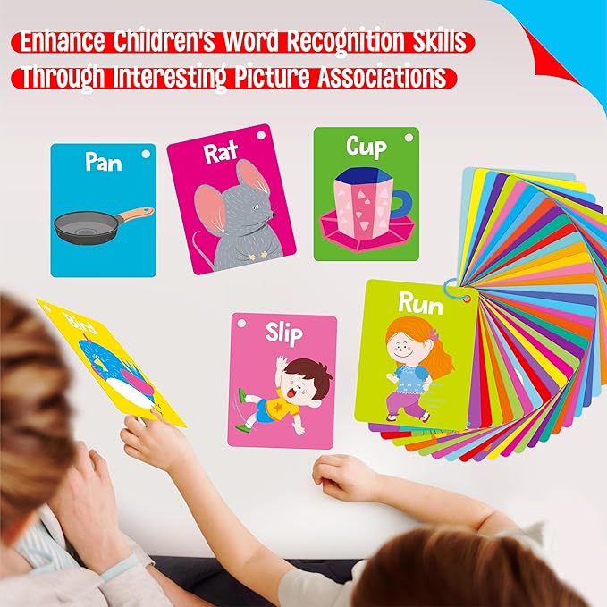 52 PCS Word Flashcards, 52 CVC Words & 52 CVCC, CCVC Words Double-Sided Cards with 2 Rings, Vocabulary Phonics Learning, Educational Tool for Preschool, Kindergarten, Toddlers-CubbioJoy