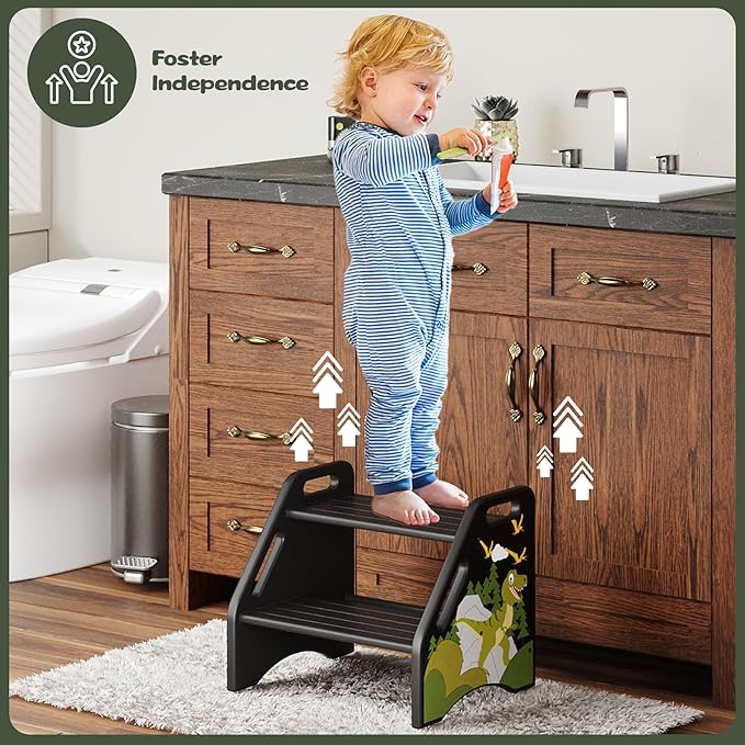 AMBIRD Toddler Step Stool, Dinosaur Wooden Two Step Stool for Kids with Non-Slip Pads, Portable Potty Training Stool with Handles for Bathroom, Sink, Kitchen, Bedroom-CubbioJoy