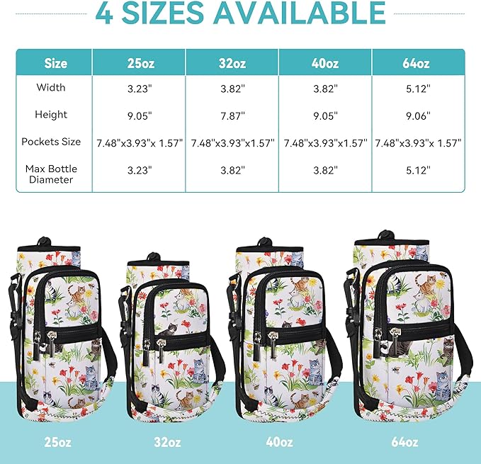 25/32/40/64oz Water Bottle Bag Holder Carrier-Insulated Crossbody Sling Case Sleeve with Strap & Pockets for Men Women Gym Cycling Travel Walking Hiking Camping-CubbioJoy