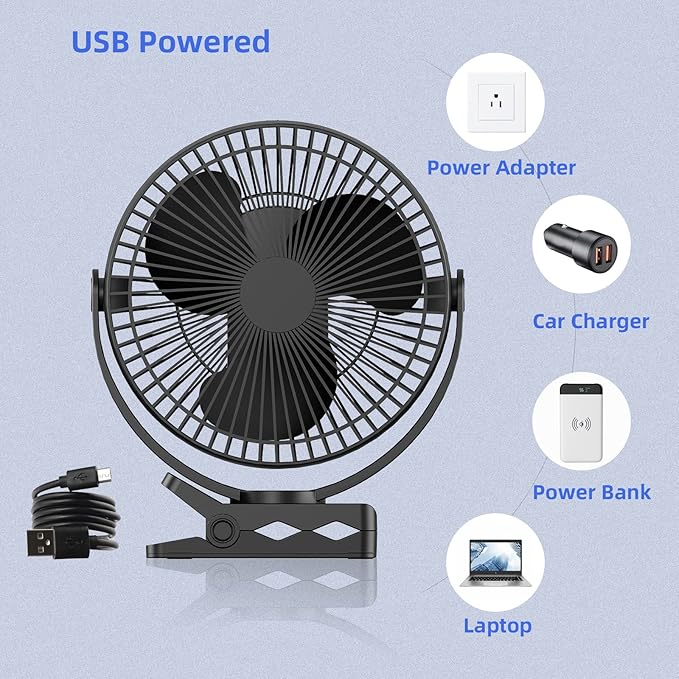 ATEngeus USB Desk Fan, Rechargeable Portable Fan, 8-Inch Clip on Fan, 10000mAh Stroller Fan, 4 Speeds Strong Airflow, 720° Rotation, with Sturdy Clamp, Suitable for home, office and stroller-CubbioJoy