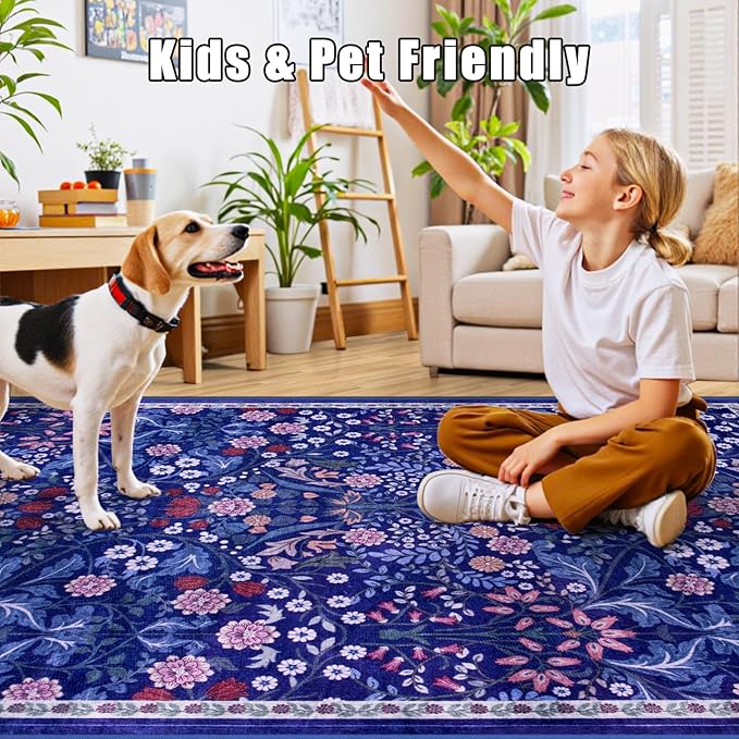 Area Rugs 9x12 Living Room: Floral Washable Rug Vintage Large Soft Boho Non-Slip Carpet Indoor Floor Stain Resistant Low Pile Carpets for Bedroom Dining Room Farmhouse Nursery Home Office Blue-CubbioJoy
