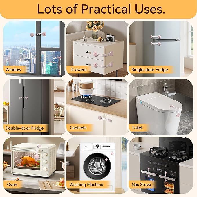 2 Pack Cabinet Locks/Refrigerator Locks Baby Proofing - Child Proof Locks for Drawer, Refrigerator, Fridge, Toilet Seat-No Screws or Tools Required (2 Pack-Pink Locks)-CubbioJoy