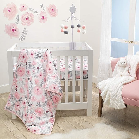Bedtime Originals Blossom Pink Watercolor Floral 3-Piece Mini Crib Bedding Set-CubbioJoy