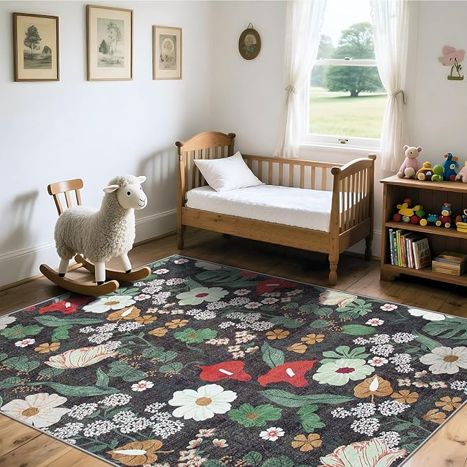 Area Rug Living Room Rugs: 6x9 Washable Rug Vintage Floral Soft Boho Non Slip Carpet Indoor Floor Non Shedding Low Pile Thin Carpets for Bedroom Dining Room Farmhouse Nursery Home Office Green-CubbioJoy