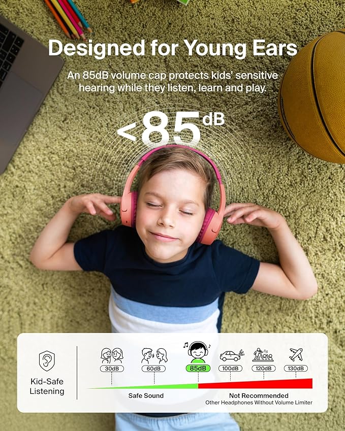 Belkin SoundForm Mini w/Case - Wireless Bluetooth Kids Headphones with 30H Battery Life, 85dB Safe Volume Limit, Built-in Microphone - Kids On-Ear Earphones for iPhone, iPad, & More - Pink-CubbioJoy