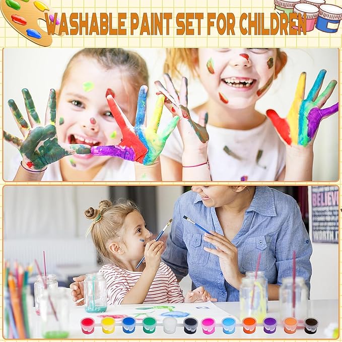 280 Pcs Washable Acrylic Paint for Kids Arts and Crafts, 20 Gouache Watercolor Paint Sets of 12 Colors for Party Classroom Painting Supplies, 20 Flat and 20 Pointed Brushes-CubbioJoy