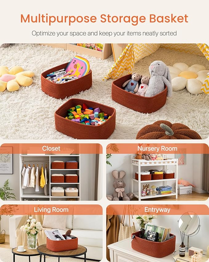 KALLAX Small Woven Basket, 13.5 x 9.5 x 5 Inches, Storage Basket for Organizing, Cute Small Rope Shelf Closet Cube Storage Bins Baskets for Shelves, Dog Toy Gift Baskets Empty, 3 Pack Rust Red-CubbioJoy