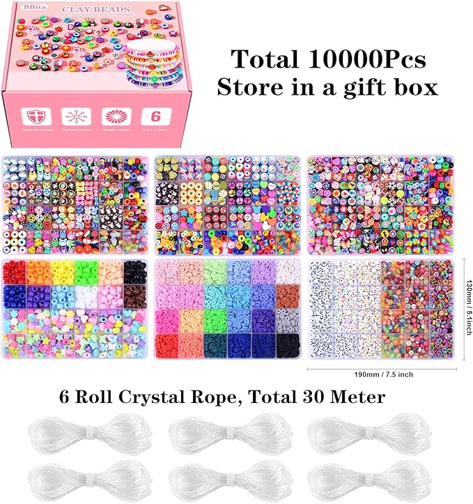 Christmas Gift Set,10000PCS Polymer Clay Beads Bracelet Making kit, Cute Fun Beads Fruit Flower Animal Cake Butterfly Heart Beads Charms for Jewelry Making DIY Accessories for Children Girls-CubbioJoy
