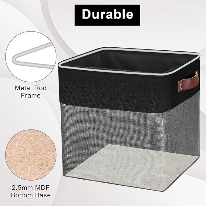 Collapsible Fabric Storage Cubes 11x11 Cube Storage Bins, 4 Pack Closet Baskets Box with Handles for Organizing, Shelf, Toys, Clothes, Home, Office, Nursery (Grey&Black)-CubbioJoy