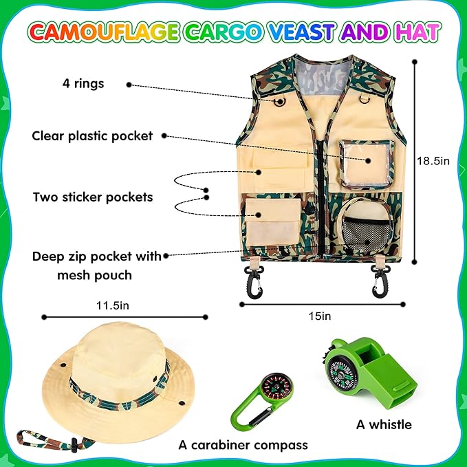 INNOCHEER Kids Explorer Kit & Bug Catcher Kit & Safari Costume Kit, Outdoor Exploration Set with Hat, Vest, Butterfly Net and Bugs Book for Boys Girls 3-12 Years Old (Camouflage Green)-CubbioJoy