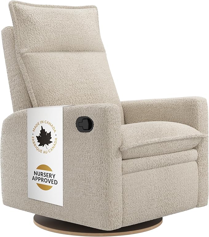 Jaymar Arya Modern Nursery Glider Recliner Chair – Cozy Nursing Chair with 360° Swivel for New Parents, Gentle Motion, Compact Design, High Back & Low Armrests, Canadian Made (Sand/Puppy Fabric)-CubbioJoy