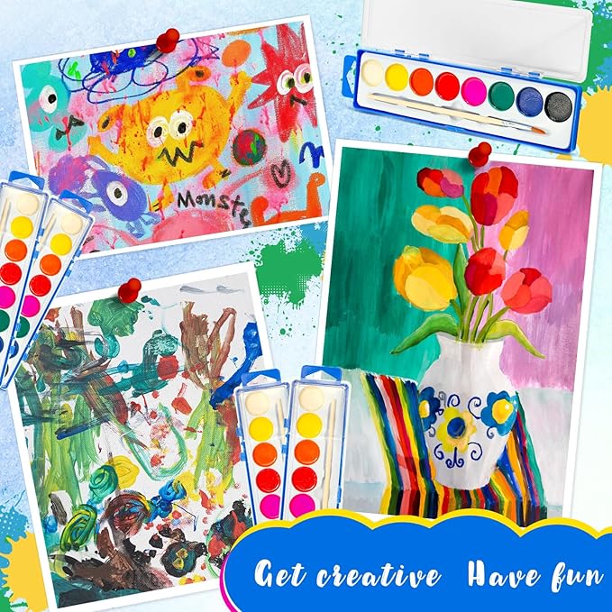 24 Pack Watercolor Paint Set for Kids - 8 Washable,Bright Colors with Paintbrush Watercolor Paint Bulk for Kids Party Favors,Classrooms Supplies,Art Lessons-CubbioJoy