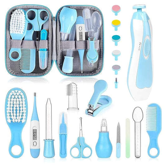 Baby Grooming Kit, Infant Safety Care Set with Hair Brush Comb Nail Clipper Nasal Aspirator,Baby Essentials Kit for Newborn Girls Boys (Blue-20 in 1)-CubbioJoy
