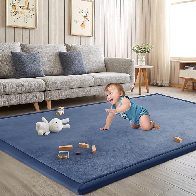 Baby Play Mat for Floor Tummy Time Mat Nursery Rug Muscle Mat Area Rug Playroom Rug Tatami Mat 6'7"x5'11" Memory Foam 1.3" Thick Crawling Mat for Babies,Toddlers, Infants, Kids,Floor Mat(Blue)-CubbioJoy