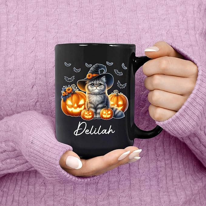 Customized Halloween British Longhair Mug with Name, Personalized British Longhair with Pumpkins Coffee Cup, Witch Cat Ceramic Mug, Pet Halloween Black Cup 11oz 15oz, Gift for Cat Dad Mom-CubbioJoy