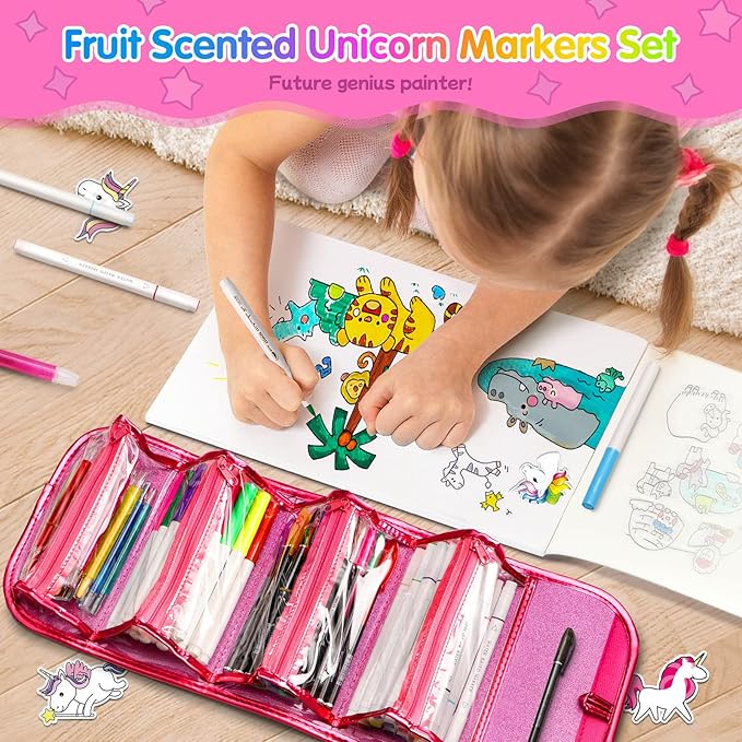beefunni Unicorn Washable Markers Set 48 pcs with Glitte Pencil Case, Art Supplies for Kids Ages 4-6-8, Arts Crafts Coloring Set with Stickers - Birthday Gifts for Girls 4 5 6 7 8 9 Year Old-CubbioJoy