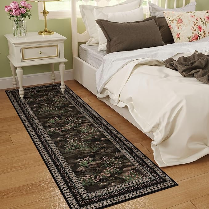 2x6 Runner Rug Impressionist-Style Vintage Kitchen Rugs Non Slip Washable Soft Carpet Runner for Kitchen Laundry Bedroom Bathroom, Black-CubbioJoy