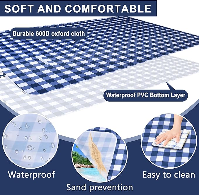 80"x80" Extra Large Waterproof Outdoor Mat - Sandproof Foldable Picnic Blanket for Family Camping, Backyard, Beach Parties - Heavy Duty & Easy Storage (Blue&White)-CubbioJoy