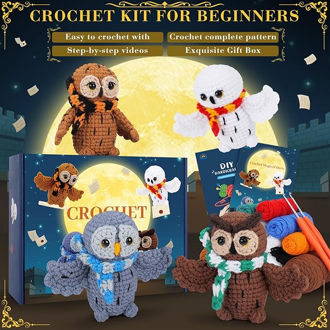 Crochet Kit for Beginners - 4 PCS Owl Crochet Kit with Step-by-Step Video Tutorials, Beginner Crochet Kits for Adults, Crochet Animal Kit for Kids, Crochet Magical Owls Set (White&Brown&Gray&Coffee)-CubbioJoy