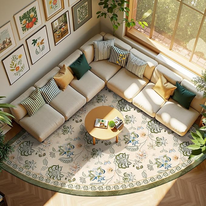 jinchan Floral Corner Rug for Living Room Washable Bedroom Rug Vintage Romance Design Non Slip Quarter Circle Lightweight Low-Pile Throw Carpet for Reading Nook Playroom,7ft Radius, Green/Beige-CubbioJoy