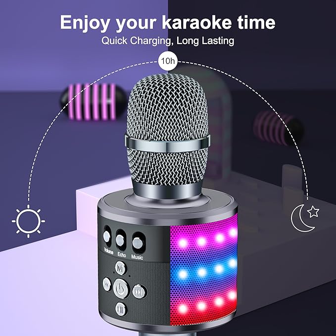BONAOK Karaoke Microphone for Kids & Adults - Bluetooth Microphones Singing Mic with Disco Lights, Echo Effect, Built-in Speaker Portable Karaoke Player for Party Travel Gifts Q78(Space Gary)-CubbioJoy