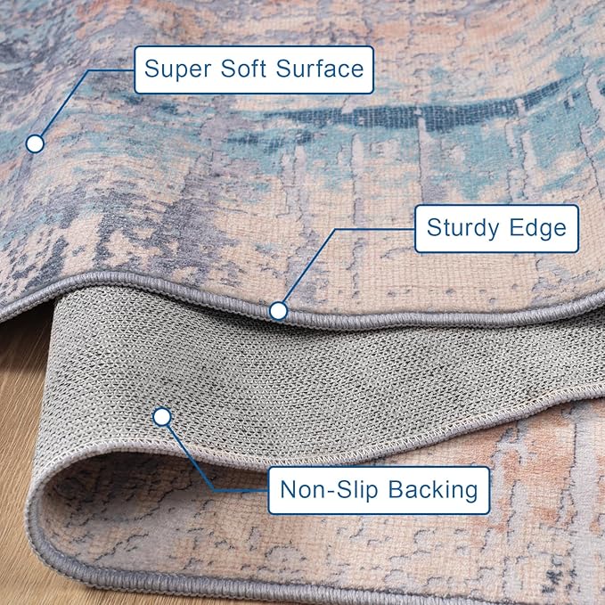 Area Rug Living Room Rug, 5x7 Modern Abstract Washable Rug Beige Blue Non Slip Foldable Faux Wool Vintage Carpet, Fluffy Non-Shedding Rugs for Living Room, Bedroom, Dining Room, Kids Playroom-CubbioJoy