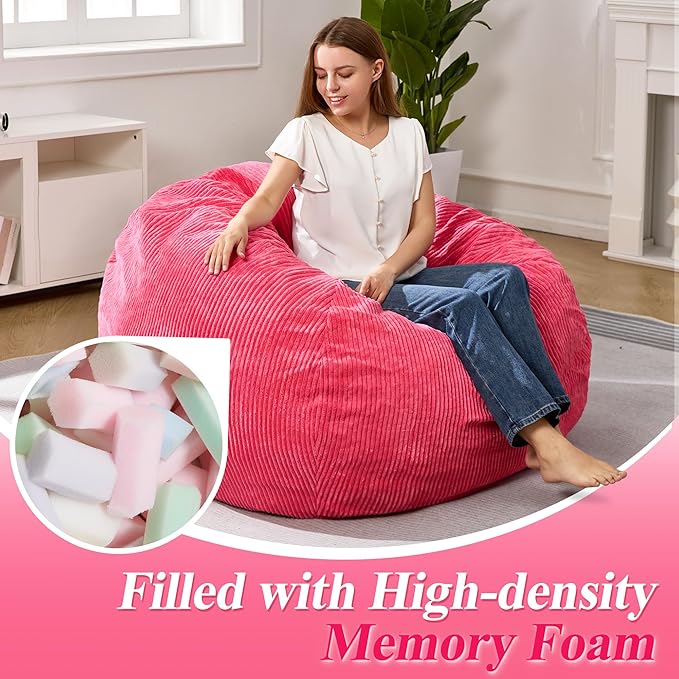 3.5FT Bean Bag Chairs Teardrop Bean Bag Chair for Adults Beanbag Chair with Memory Foam Filled Machine Washable Cover for Living Room, Bedroom (Large,Pink)-CubbioJoy