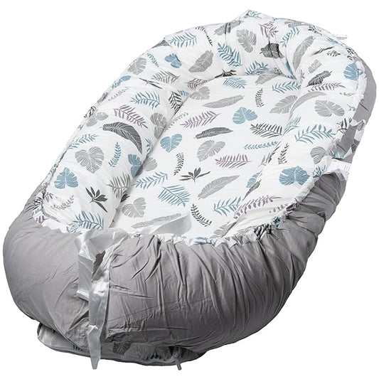 Baby Support Base for Awake Time – Foldable & Soft – 100% Cotton - Machine Washable - Perfect Baby Gift– Breathable & Soft Travel for Baby Boys & Girls (Feathers n Leaves-Grey)-CubbioJoy