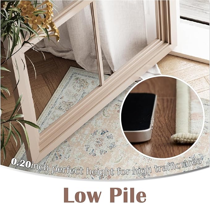 jinchan Washable Area Rug 5x7 Ultra-Thin Low Pile Non Slip Stain Resistant Soft Faux Wool Spring Floral Distressed Vintage Carpet for Bedroom,Living Room,Dining Room,Kitchen,Nursery(Pink, 5' x 7')-CubbioJoy