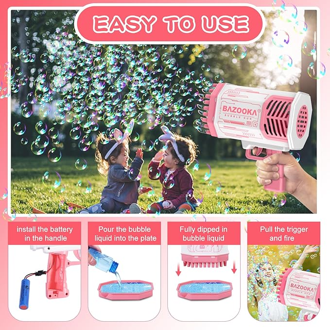 Bubble Machine Gun, 69 Holes Bubble Gun with Lights, Pink Outdoor Summer Beach Kids Bubbles Toys Birthday Wedding Party Halloween Fun for Girls Boys-CubbioJoy