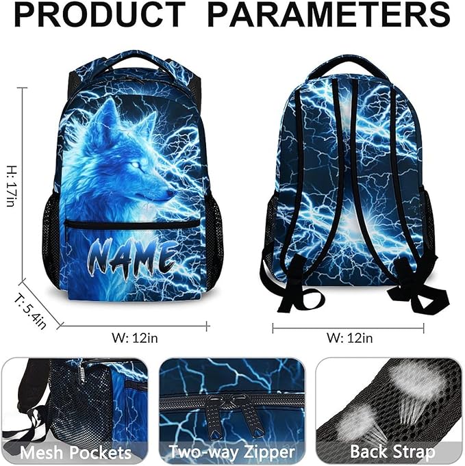 Custom Wolf Backpack for Boys Kids - 17 Inch Personalized Lightning Backpack for School Kindergarten Elementary Primary Senior Middle - Durable Cool Schoolbag with Name-CubbioJoy