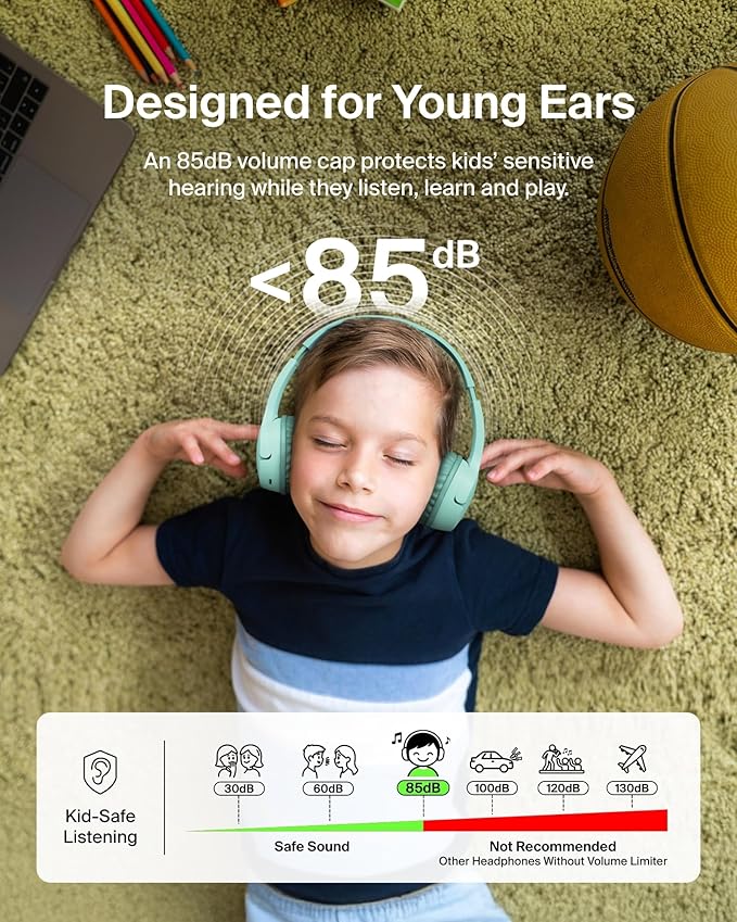 Belkin SoundForm Mini - Wireless Bluetooth Headphones for Kids with 30H Battery Life, 85dB Safe Volume Limit, Built-in Microphone - Kids On-Ear Earphones for iPhone, iPad, Fire Tablet & More - Mint-CubbioJoy