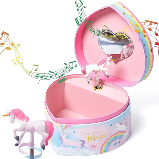 Jewelkeeper Music Jewelry Box for Girls - Sturdy Plastic with Fancy Mirror Twirling Unicorn Figurine and Flocked Lining - Kids Jewelry Box for Secrets and Keepsakes - Heart Shaped Unicorn Print-CubbioJoy