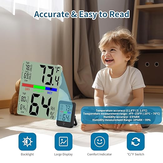 Digital Thermometer Hygrometer, Indoor Wall Thermometer, Indoor Humidity Temperature Monitor with Max&Min Records Backlit for 10S for Greenhouse, Home and Office Measuring Devices-CubbioJoy