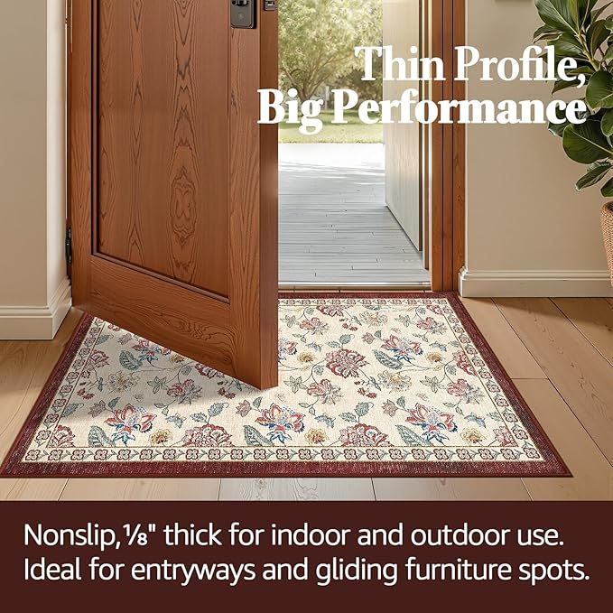 jinchan 3x5 Floral Rug for Entryway Washable Kitchen Rug Vintage Romance Design Small Mat Non Slip Indoor Doormat Lightweight Low-Profile Throw Carpet for Entrance Bathroom Laundry Room, Red/Beige-CubbioJoy