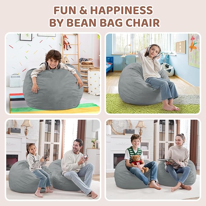 2FT Bean Bag Chair, Comfy Bean Bag Chairs with Memory Foam Filled, Fluffy Beanbag Sofa with Dutch Velvet Cover, Teardrop BeanBag Chairs for Living Room, Playroom - Light Grey-CubbioJoy