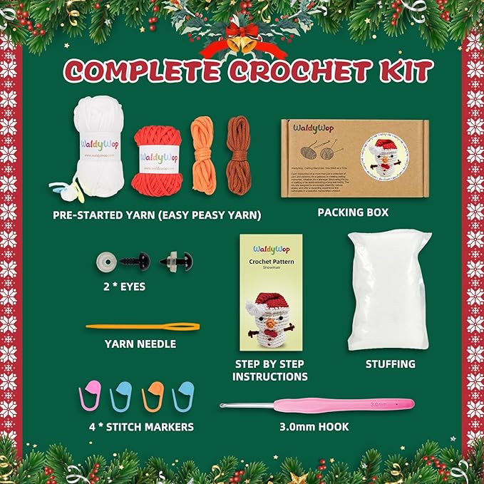 Christmas Snowman Crochet Kit for Beginners, Crochet Starter Kit for Kids Adults, Learn to Crochet w/Step-by-Step Video Tutorials, Pre-Started Yarn, Hook, DIY Amigurumi Craft Gifts for Christmas Décor-CubbioJoy