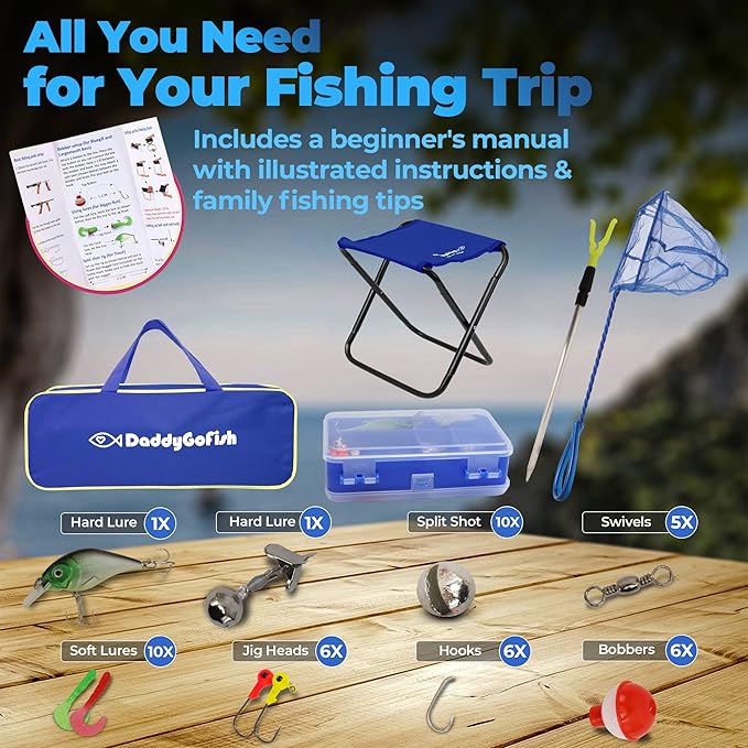 DaddyGoFish Kids Fishing Pole - Rod Reel Combo Tackle Box Starter Set - First Year Small Gear Kit for Boys Girls Toddler Youth Age Beginner Little Children-CubbioJoy