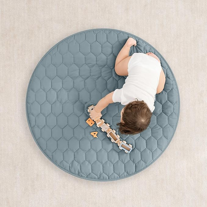 Comfy Cubs Round Kids Play Mat -Small 36 inches Soft Quilted Baby Floor Mat with Non-Slip Bottom - Plush Design for Toddlers' Playtime and Relaxation - Comfortable and Durable - Pacific Blue-CubbioJoy