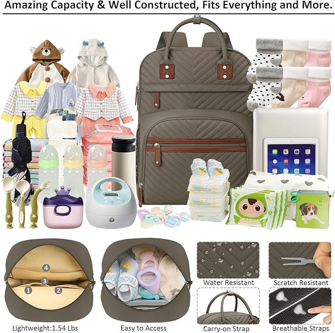 Diaper Bag Backpack Tote for Women Large Capacity, Baby Bag with Insulated Pockets Multifunctional Diaper Bags For Baby Girl Boy Waterproof Baby Bags For Boys Girls Maternity Bag khaki Brown-CubbioJoy