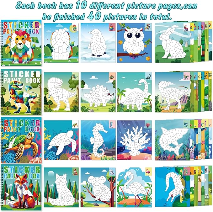 90shine 4PCS Crafts for Kids Ages 4-8 Sticker Paint Books Includes Dinosaur Marine Land Animals Multicolored Design Gifts Create 40 Pictures-CubbioJoy