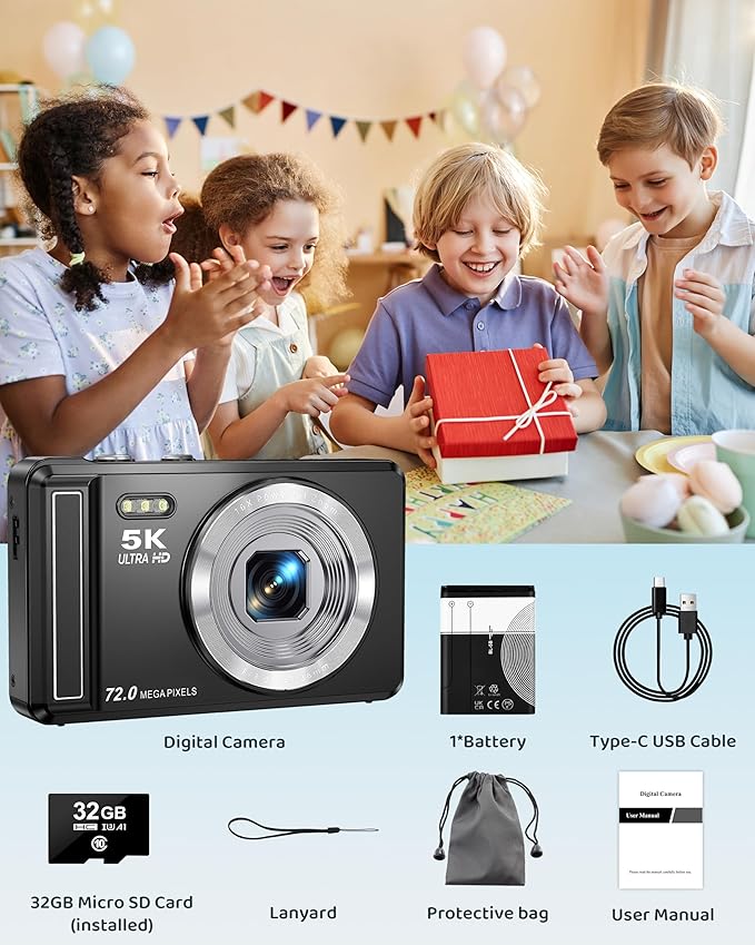 5K Digital Camera - 72MP UHD Digital Cameras for Photography - Autofocus Point and Shoot Small Camera with Flash for Kids - 2.8 Inch Screen Compact Portable Vlogging Camara with 16X Zoom, 32GB SD Card-CubbioJoy