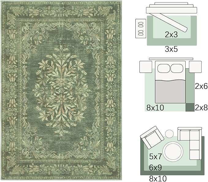 jinchan Floral 6x9 Green Area Rugs for Living Room - Machine Washable Vintage Distressed Design Soft Throw Rug Non-Slip Large Carpet for Bedroom Dining Room Home Office Nursery (6x9ft,Dark Green)-CubbioJoy