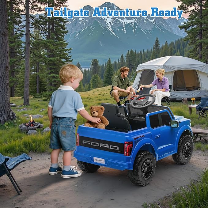 12V Ride on Car Licensed Ford F-150 Raptor, Kids Electric Car with Remote Control, LED Light/Music/MP3, Truck Bed Storage, 3-Point Seat Belt (12V, Blue)-CubbioJoy