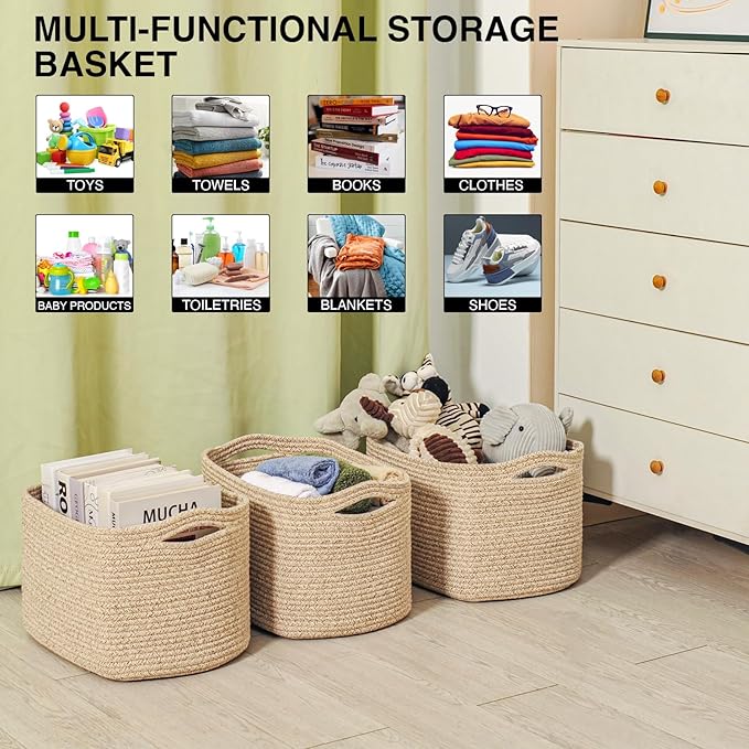 Decorative Storage Baskets for Organizing Shelves, Toy Basket for Nursery, Woven Cotton Rope Baskets for Decor, Towel Basket for Bathroom, 15"x11"x9.5", 3 Packs, Brown-CubbioJoy